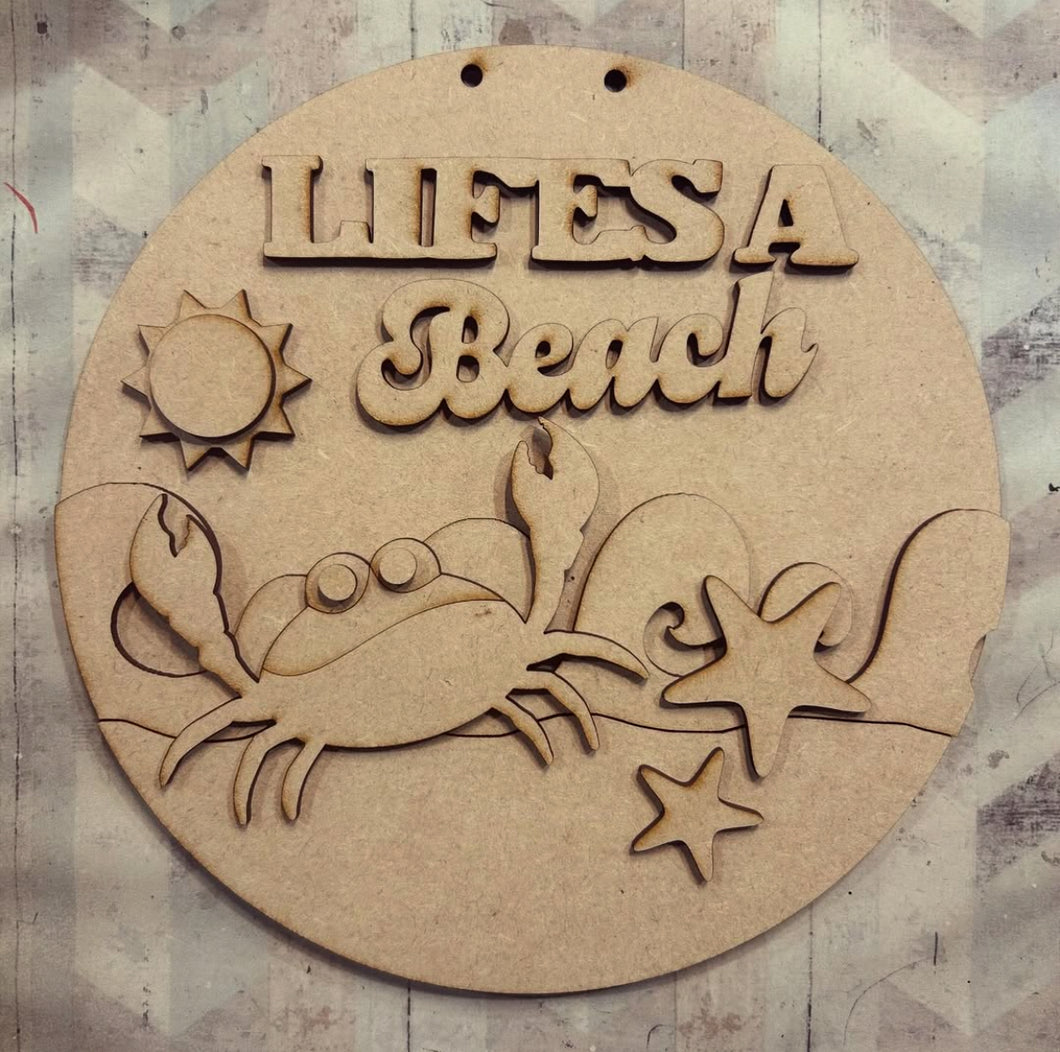 NO534 - MDF Large Round Lifes a Beach Crab Plaque - Olifantjie - Wooden - MDF - Lasercut - Blank - Craft - Kit - Mixed Media - UK