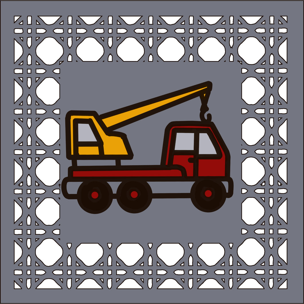 OL4390 - MDF Rattan effect square plaque with vehicle doodle - Crane Life Truck - Olifantjie - Wooden - MDF - Lasercut - Blank - Craft - Kit - Mixed Media - UK