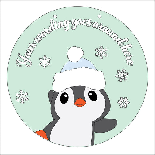 OL5337 - Large Round Christmas Penguin Personalised Plaque Style 2 - optional hanging - Olifantjie - Wooden - MDF - Lasercut - Blank - Craft - Kit - Mixed Media - UK