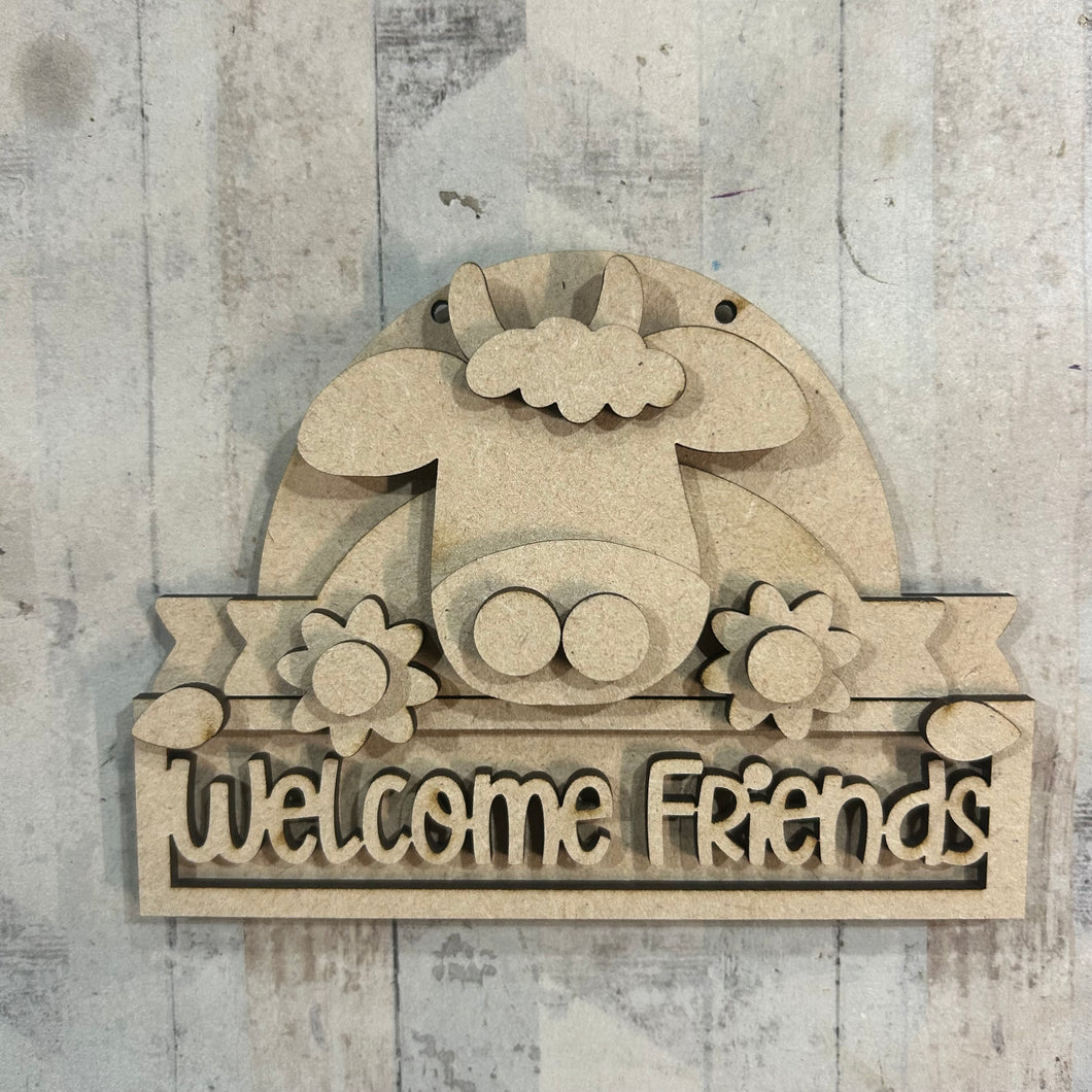 NO640 - MDF 2 Sizes Welcome Friends Cow Hanging - Olifantjie - Wooden - MDF - Lasercut - Blank - Craft - Kit - Mixed Media - UK