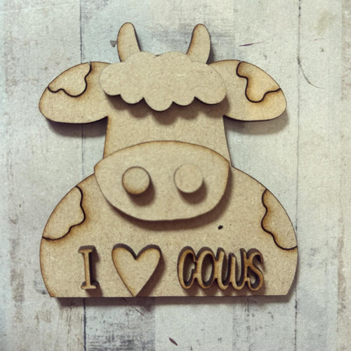 NO009 - MDF Magnet Size ‘ I ❤️ Cows’ Cow Head - Olifantjie - Wooden - MDF - Lasercut - Blank - Craft - Kit - Mixed Media - UK