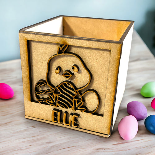 BX019 - MDF Personalised Treats, Chocolate, Gifts Box - optional lid - Chick with eggs - Olifantjie - Wooden - MDF - Lasercut - Blank - Craft - Kit - Mixed Media - UK