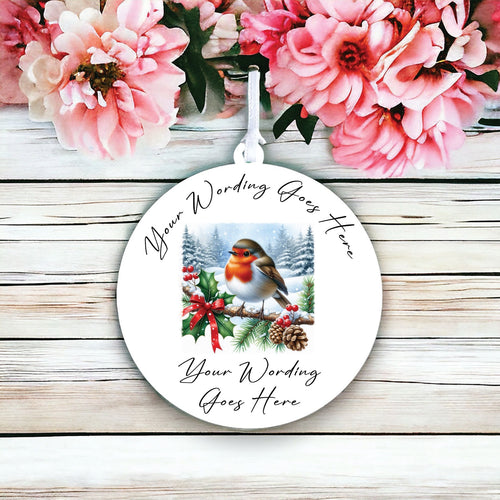 UV854 - Acrylic and UVDTF Personalised Round Hanging  - Robin Scene 12 branch - Olifantjie - Wooden - MDF - Lasercut - Blank - Craft - Kit - Mixed Media - UK