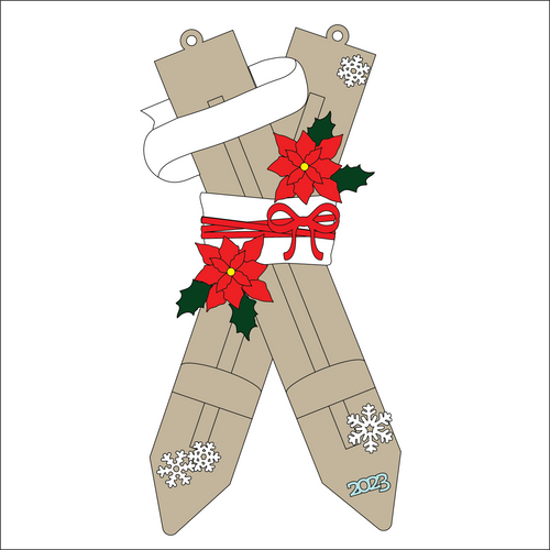 OL3808 MDF Large Ornamental Hanging Skis 30cm - Poinsettia - Olifantjie - Wooden - MDF - Lasercut - Blank - Craft - Kit - Mixed Media - UK