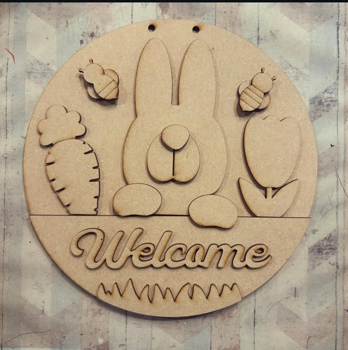 NO529 - MDF Large Round Welcome Easter Bunny Plaque - Olifantjie - Wooden - MDF - Lasercut - Blank - Craft - Kit - Mixed Media - UK