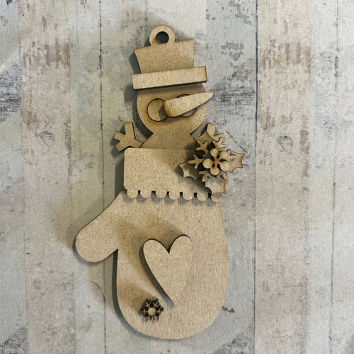 NO053 - MDF 2 Sizes Christmas Snowman Mitten Hanging Bauble - Olifantjie - Wooden - MDF - Lasercut - Blank - Craft - Kit - Mixed Media - UK