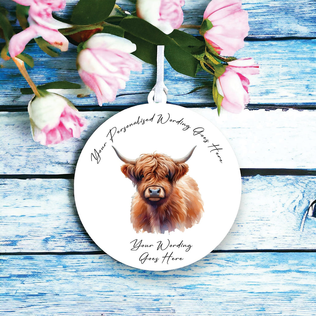 UV883 - Acrylic and UVDTF Personalised Round Hanging  - Highland Cow 17 - Olifantjie - Wooden - MDF - Lasercut - Blank - Craft - Kit - Mixed Media - UK