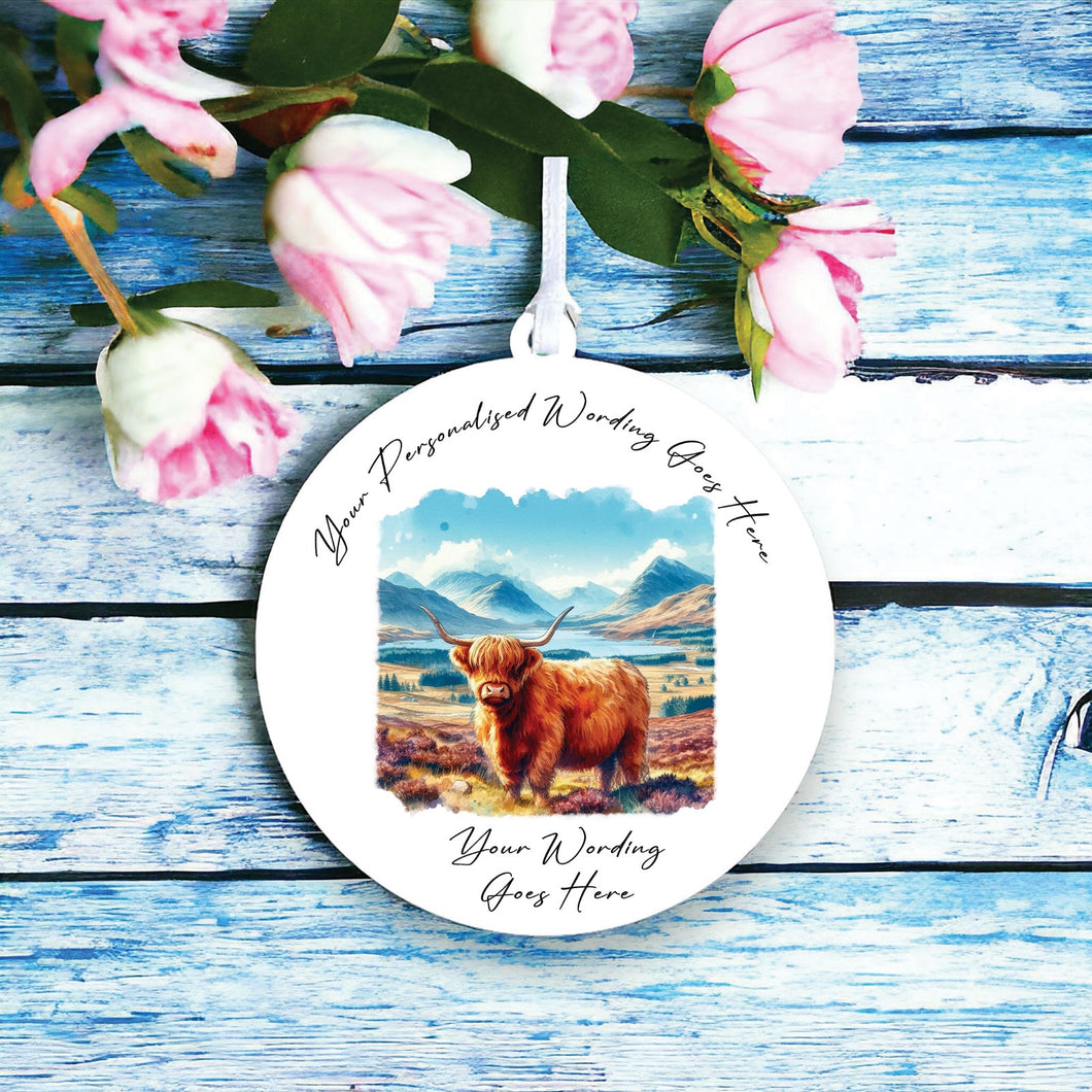 UV869 - Acrylic and UVDTF Personalised Round Hanging  - Highland Cow 3 - Olifantjie - Wooden - MDF - Lasercut - Blank - Craft - Kit - Mixed Media - UK