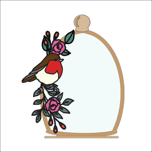 OL4750 - MDF Cloche - Freestanding or Hanging/no holes - Acrylic white, or clear or MDF Cloche - Robin Flower - Olifantjie - Wooden - MDF - Lasercut - Blank - Craft - Kit - Mixed Media - UK
