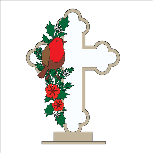 OL4644- MDF and Acrylic Cross - Freestanding or Hanging/no holes - Acrylic white, or clear or MDF Cross - Robin - Olifantjie - Wooden - MDF - Lasercut - Blank - Craft - Kit - Mixed Media - UK
