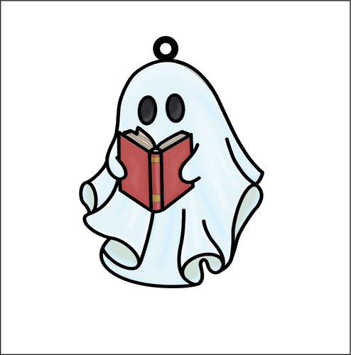 OL5388 - MDF Doodle Style Halloween Hanging - with or without banner - Cute ghost reading - Olifantjie - Wooden - MDF - Lasercut - Blank - Craft - Kit - Mixed Media - UK