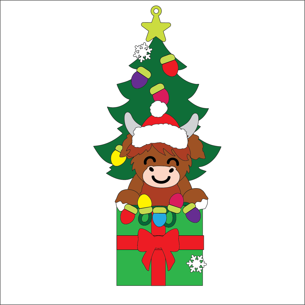 OL5394 - MDF Christmas Lights Tree Stacker Optional Hanging Holes Kit - Highland Cow 1 - Olifantjie - Wooden - MDF - Lasercut - Blank - Craft - Kit - Mixed Media - UK