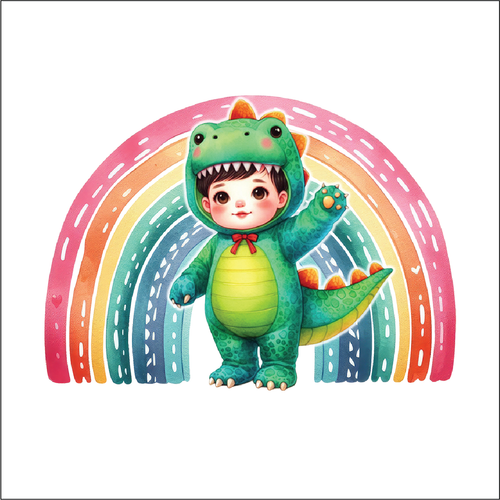 UV051 - UVDTF - Decal only Dress up child dinosaur rainbow - Olifantjie - Wooden - MDF - Lasercut - Blank - Craft - Kit - Mixed Media - UK