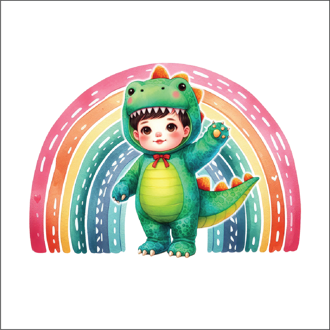 UV051 - UVDTF - Decal only Dress up child dinosaur rainbow - Olifantjie - Wooden - MDF - Lasercut - Blank - Craft - Kit - Mixed Media - UK