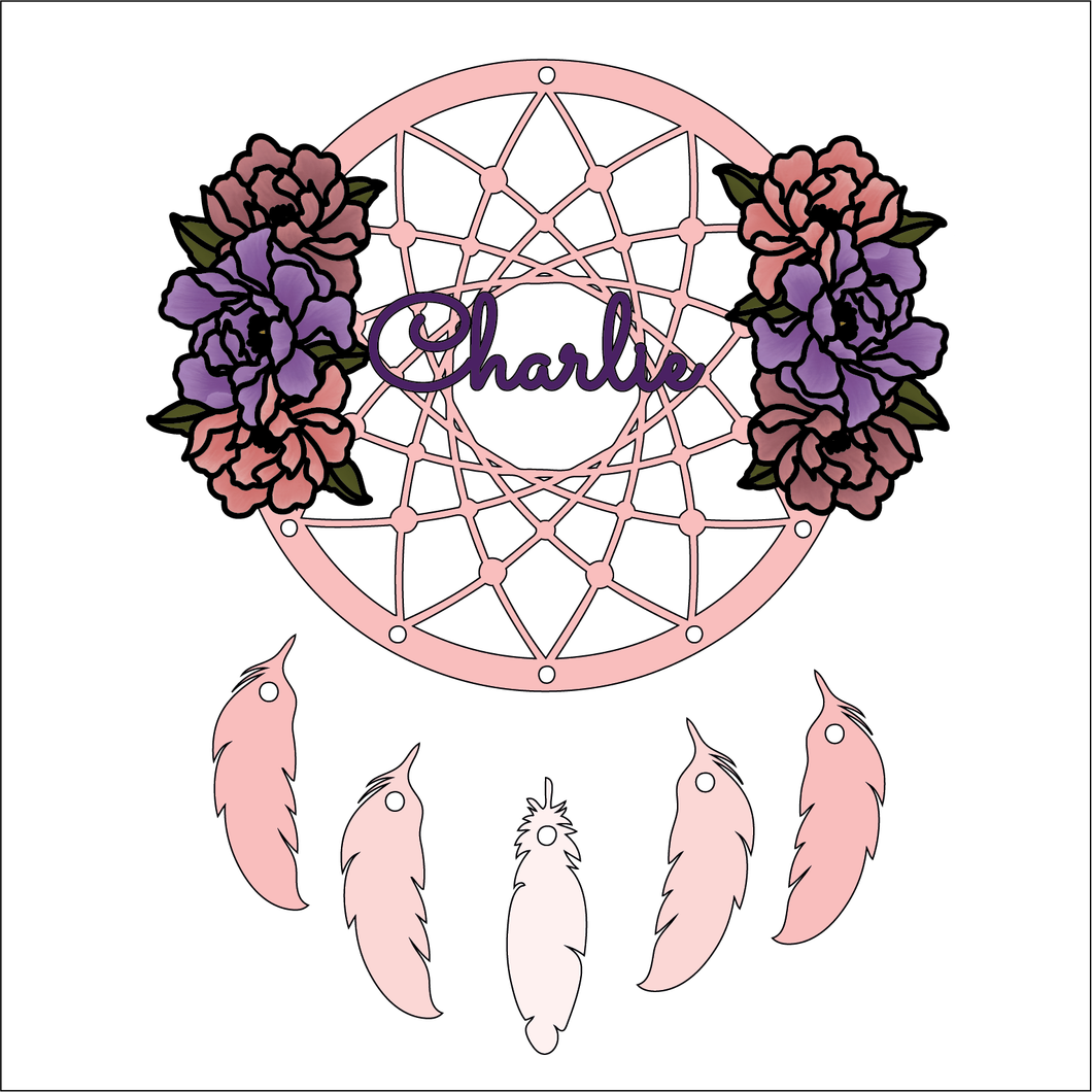 DC126 - MDF Dream Catcher - with Initial or Wording - Floral style 2 - Olifantjie - Wooden - MDF - Lasercut - Blank - Craft - Kit - Mixed Media - UK