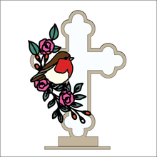 OL4646- MDF and Acrylic Cross - Freestanding or Hanging/no holes - Acrylic white, or clear or MDF Cross - Flower Doodle Robin - Olifantjie - Wooden - MDF - Lasercut - Blank - Craft - Kit - Mixed Media - UK