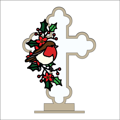 OL4645- MDF and Acrylic Cross - Freestanding or Hanging/no holes - Acrylic white, or clear or MDF Cross - Christmas Doodle Robin - Olifantjie - Wooden - MDF - Lasercut - Blank - Craft - Kit - Mixed Media - UK