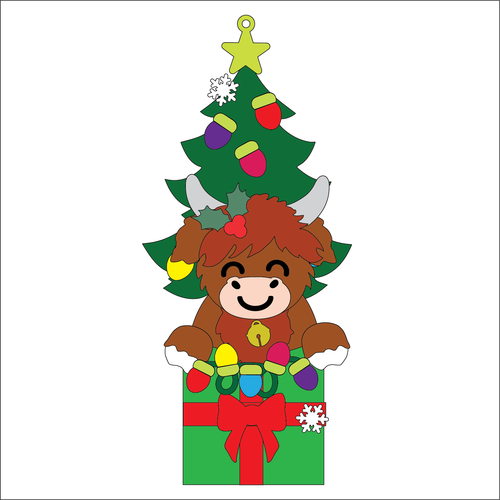 OL5395 - MDF Christmas Lights Tree Stacker Optional Hanging Holes Kit - Highland Cow 2 - Olifantjie - Wooden - MDF - Lasercut - Blank - Craft - Kit - Mixed Media - UK