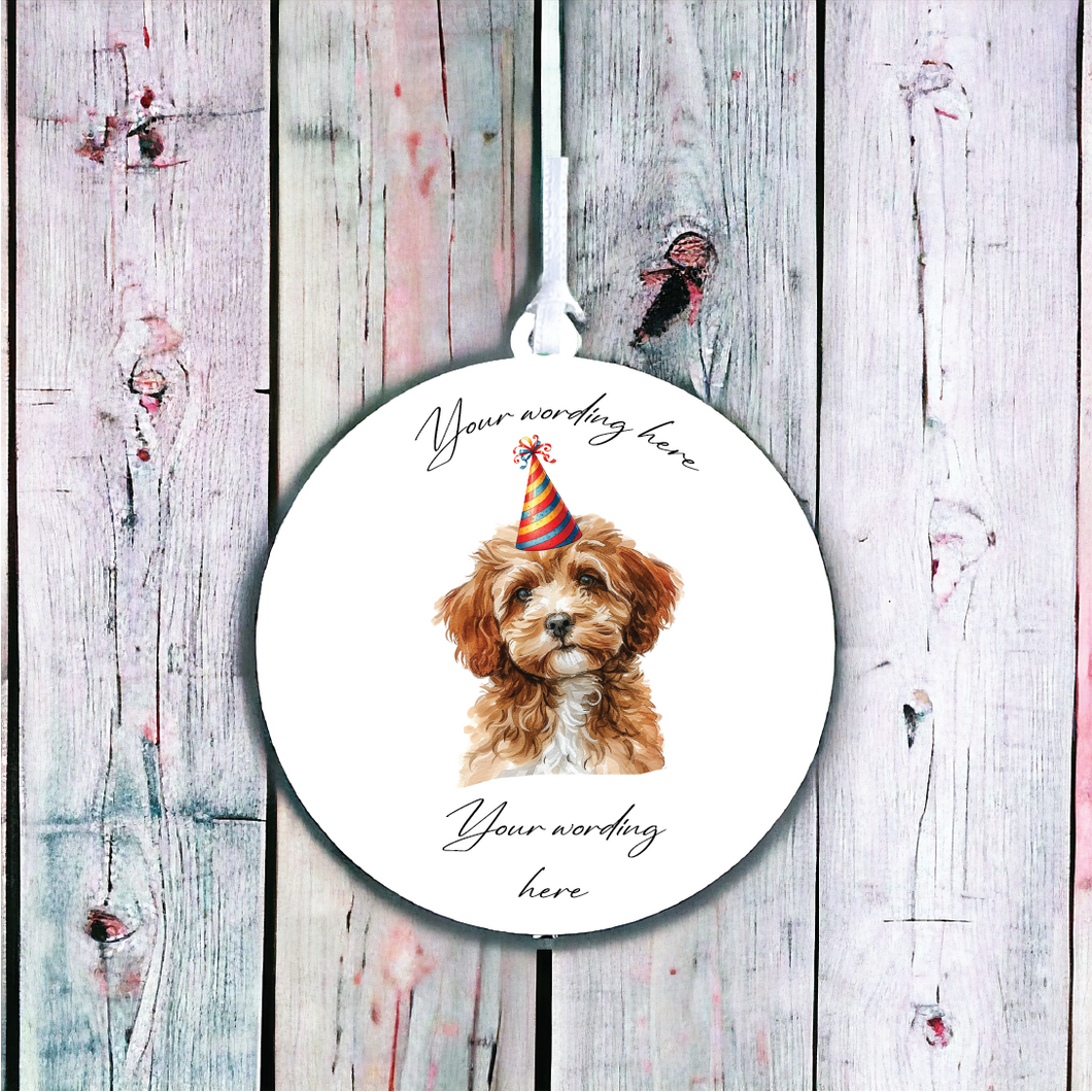 UV700 - Acrylic and UVDTF Personalised Round Hanging  - Dog Party Hat - 13 Cavapoo - Olifantjie - Wooden - MDF - Lasercut - Blank - Craft - Kit - Mixed Media - UK