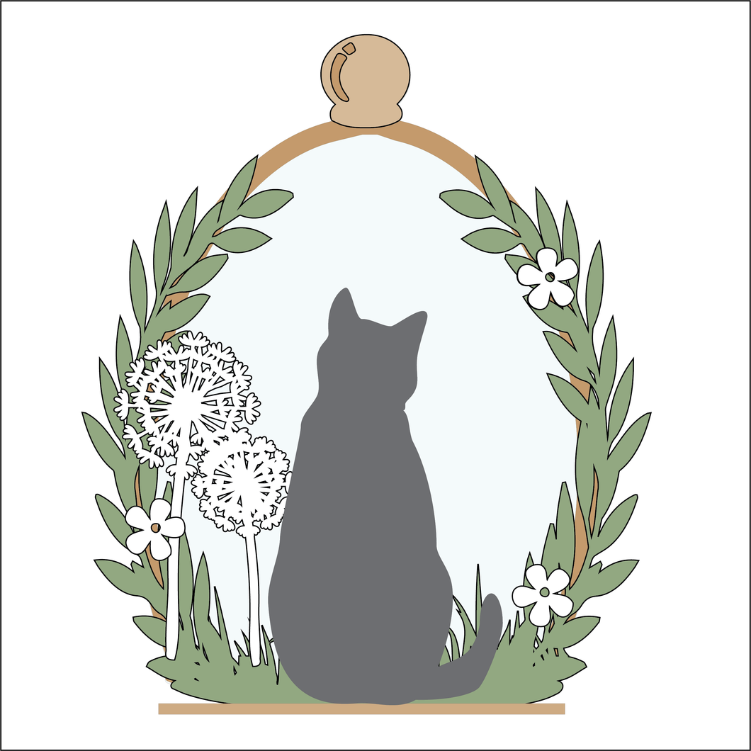 OL4934 - MDF Cloche - Single Cat  Dandelion clock - Freestanding or Hanging/no holes - Acrylic white, or clear or MDF Cloche - Olifantjie - Wooden - MDF - Lasercut - Blank - Craft - Kit - Mixed Media - UK