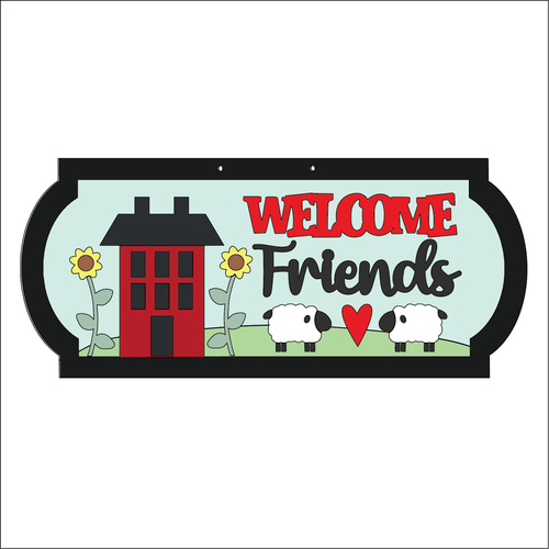 NO696 - MDF Welcome Friends House Sheep 25cm Street Sign - Olifantjie - Wooden - MDF - Lasercut - Blank - Craft - Kit - Mixed Media - UK