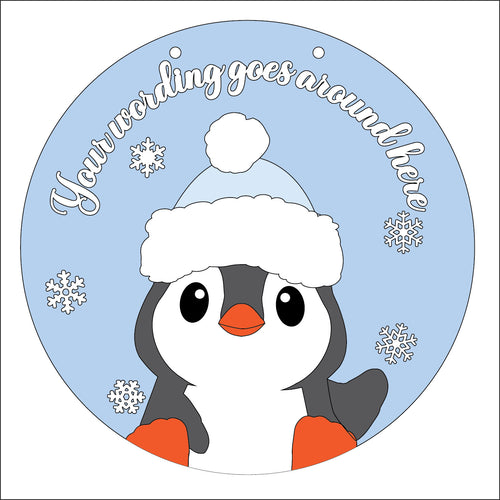 OL5336 - Large Round Christmas Penguin Personalised Plaque Style 1  - optional hanging - Olifantjie - Wooden - MDF - Lasercut - Blank - Craft - Kit - Mixed Media - UK