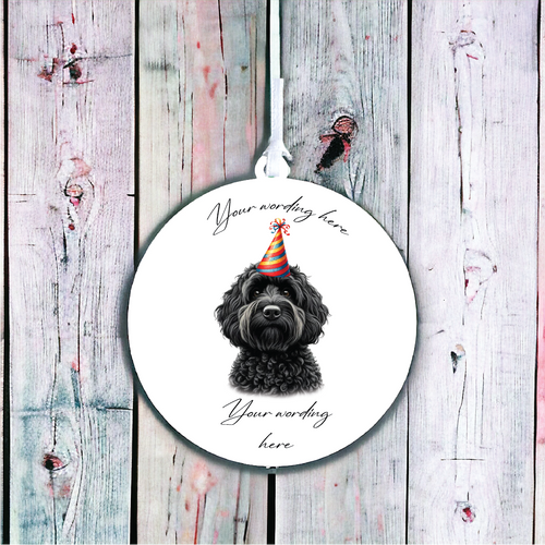 UV704 - Acrylic and UVDTF Personalised Round Hanging  - Dog Party Hat - 17 Black Cockapoo - Olifantjie - Wooden - MDF - Lasercut - Blank - Craft - Kit - Mixed Media - UK