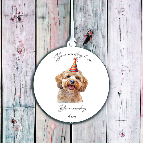 UV705 - Acrylic and UVDTF Personalised Round Hanging  - Dog Party Hat - 18 Cockapoo - Olifantjie - Wooden - MDF - Lasercut - Blank - Craft - Kit - Mixed Media - UK