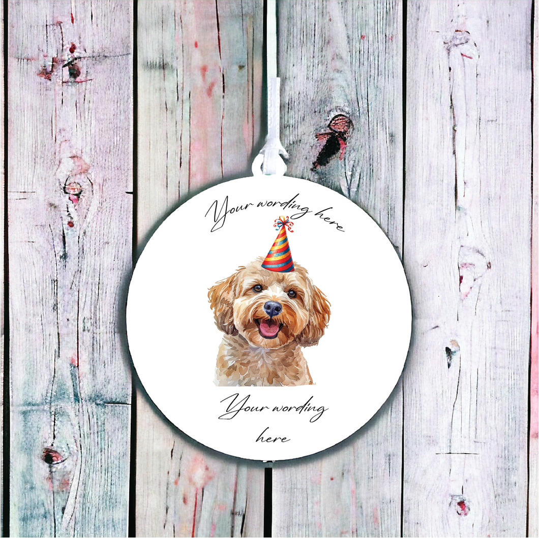 UV705 - Acrylic and UVDTF Personalised Round Hanging  - Dog Party Hat - 18 Cockapoo - Olifantjie - Wooden - MDF - Lasercut - Blank - Craft - Kit - Mixed Media - UK