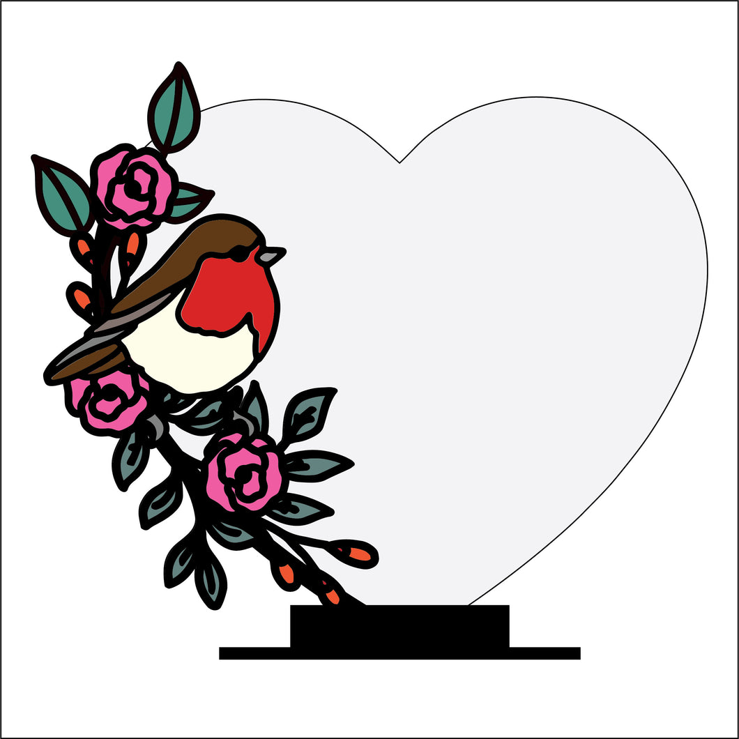 OL4370 - MDF Floral Heart - Freestanding or Hanging/no holes - Acrylic white, or clear or MDF Heart - Floral Robin Doodle - Olifantjie - Wooden - MDF - Lasercut - Blank - Craft - Kit - Mixed Media - UK