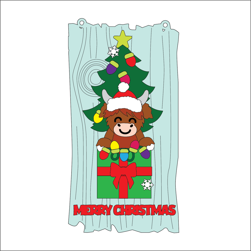 OL5380 - MDF Christmas Lights Tree Stacker Plaque with optional hanging holes - Driftwood Style backing - Highland Cow 1 - Olifantjie - Wooden - MDF - Lasercut - Blank - Craft - Kit - Mixed Media - UK