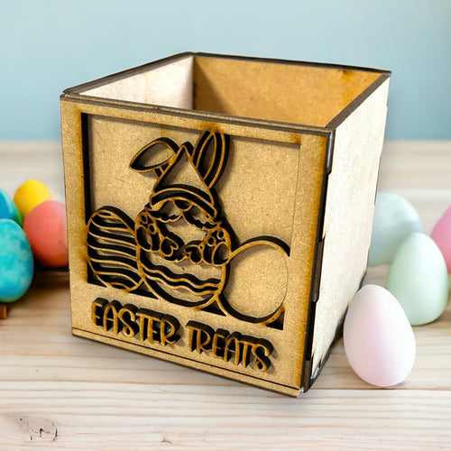 BX024 - MDF Personalised Treats, Chocolate, Gifts Box - optional lid - Male gnome with eggs - Olifantjie - Wooden - MDF - Lasercut - Blank - Craft - Kit - Mixed Media - UK