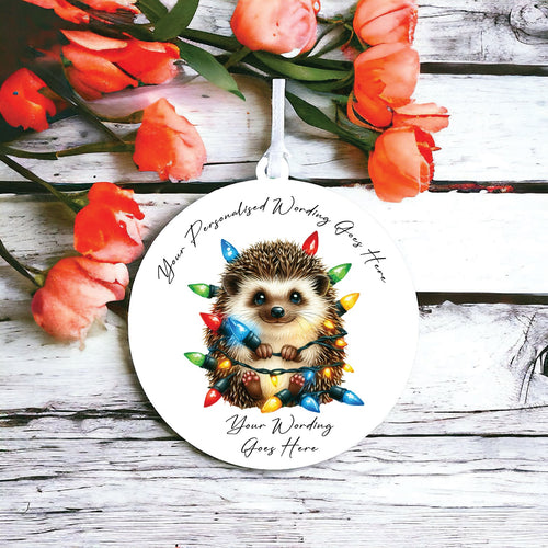 UV934 - Acrylic and UVDTF Personalised Round Hanging  - Christmas Animal Tangled Lights - Hedgehog 2 - Olifantjie - Wooden - MDF - Lasercut - Blank - Craft - Kit - Mixed Media - UK