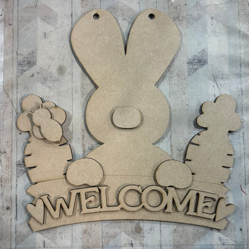 NO613 - MDF Large Bunny Welcome Carrot Hanging Scene - Olifantjie - Wooden - MDF - Lasercut - Blank - Craft - Kit - Mixed Media - UK