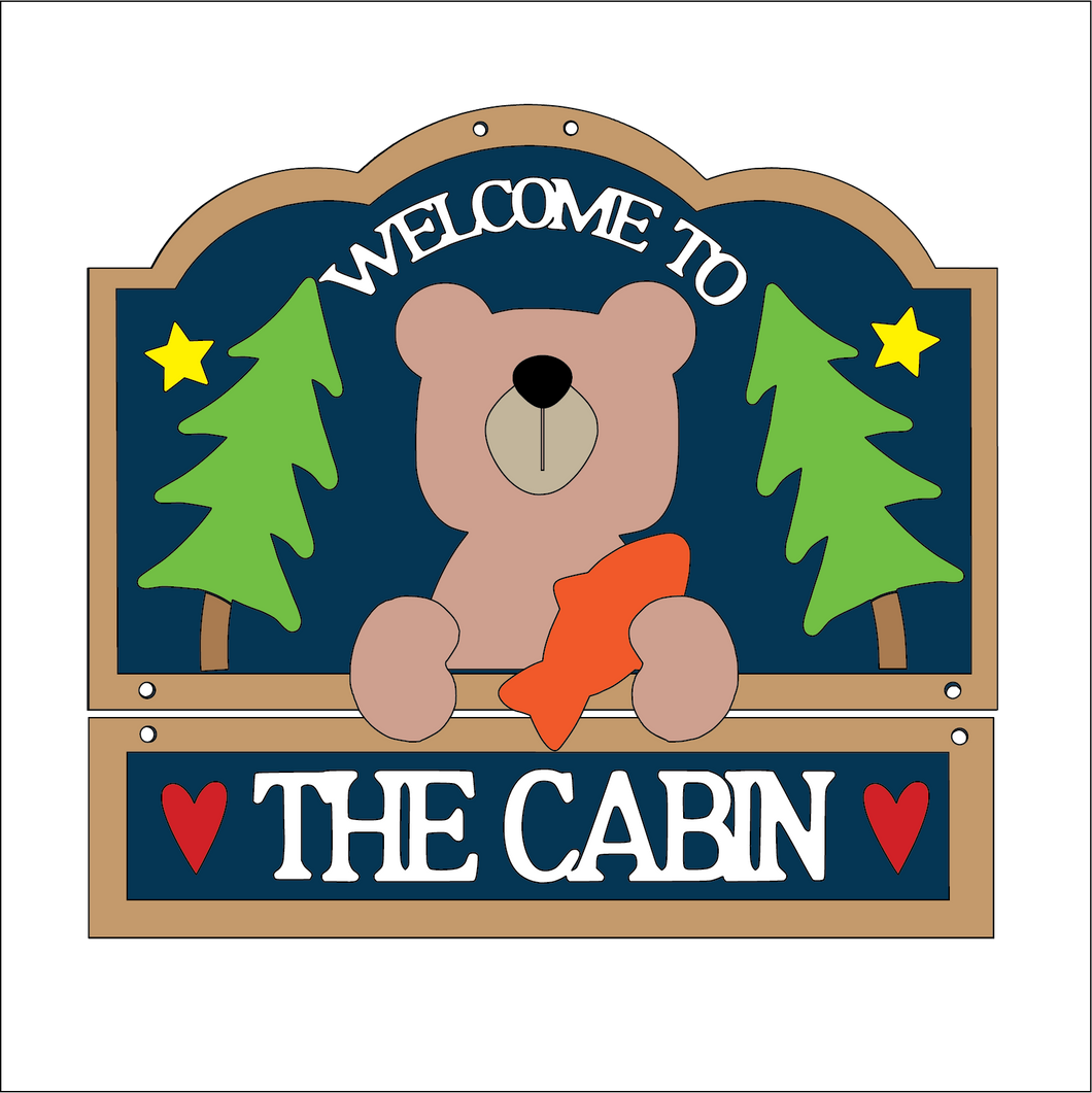 NO733 - MDF Large Primitive American Style Bear Cabin Hanging Plaque - Olifantjie - Wooden - MDF - Lasercut - Blank - Craft - Kit - Mixed Media - UK