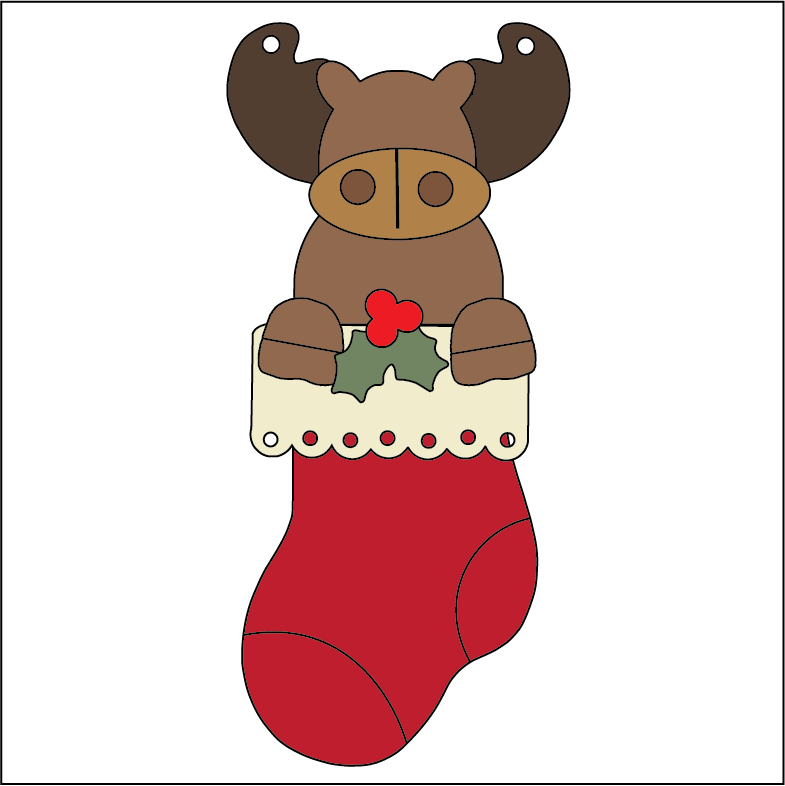 NO380 - MDF 2 Sizes Christmas Stocking Moose Hanging Bauble - Olifantjie - Wooden - MDF - Lasercut - Blank - Craft - Kit - Mixed Media - UK