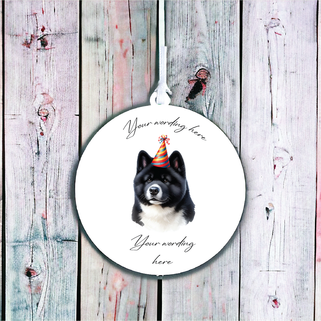 UV688 - Acrylic and UVDTF Personalised Round Hanging  - Dog Party Hat - 1 Akita - Olifantjie - Wooden - MDF - Lasercut - Blank - Craft - Kit - Mixed Media - UK