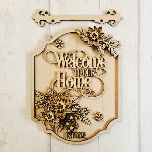 OL3436 - MDF Floral ‘Welcome to our home’ Est… - Hanging layered Sign - Poinsettia - Olifantjie - Wooden - MDF - Lasercut - Blank - Craft - Kit - Mixed Media - UK