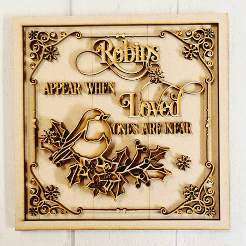 OL4170 - MDF Farmhouse Doodle Christmas - Square layered Plaque - Robins Appear - Olifantjie - Wooden - MDF - Lasercut - Blank - Craft - Kit - Mixed Media - UK