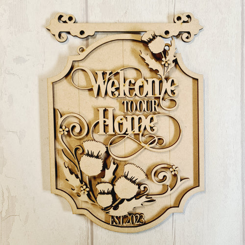 OL3430 - MDF Floral ‘Welcome to our home’ Est… - Hanging layered Sign - Thistles - Olifantjie - Wooden - MDF - Lasercut - Blank - Craft - Kit - Mixed Media - UK