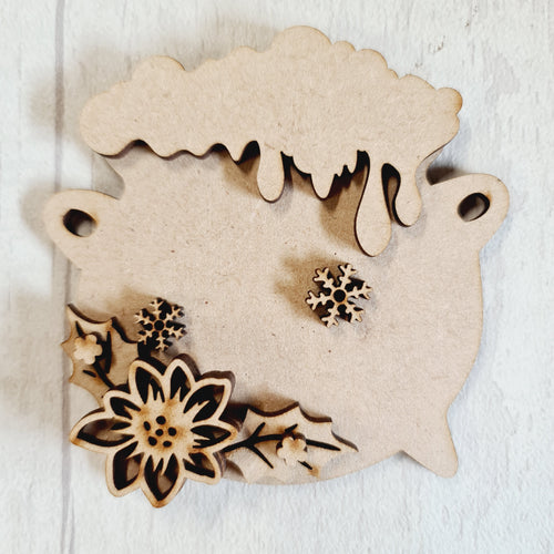 OL3439 - MDF 8.5cm mini Cauldron optional hanging  Kit - Winter - Olifantjie - Wooden - MDF - Lasercut - Blank - Craft - Kit - Mixed Media - UK
