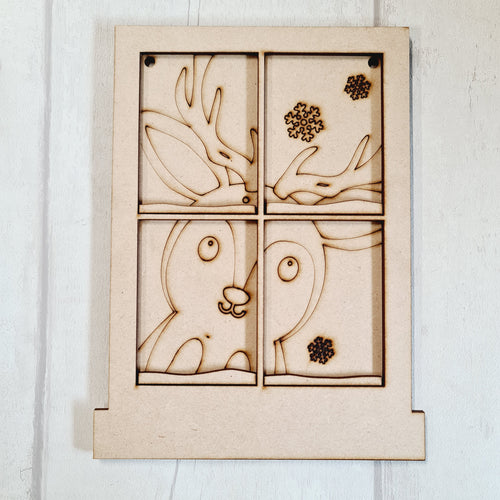 OL3366  - MDF Themed Window - 2 Layer Engraved Detail - Reindeer - Olifantjie - Wooden - MDF - Lasercut - Blank - Craft - Kit - Mixed Media - UK