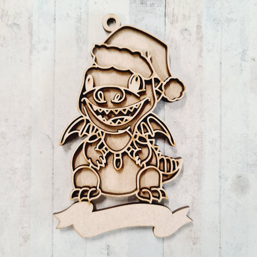 OL3537 - MDF Doodle Cute Christmas Hanging - Dragon - with or without banner - Olifantjie - Wooden - MDF - Lasercut - Blank - Craft - Kit - Mixed Media - UK