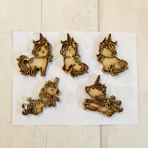 SALE - MDF Set of 5 Unicorns AA25 - Olifantjie - Wooden - MDF - Lasercut - Blank - Craft - Kit - Mixed Media - UK