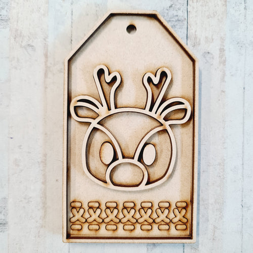 OL3598 - MDF Christmas Tag Hanging - Reindeer 1 - Olifantjie - Wooden - MDF - Lasercut - Blank - Craft - Kit - Mixed Media - UK