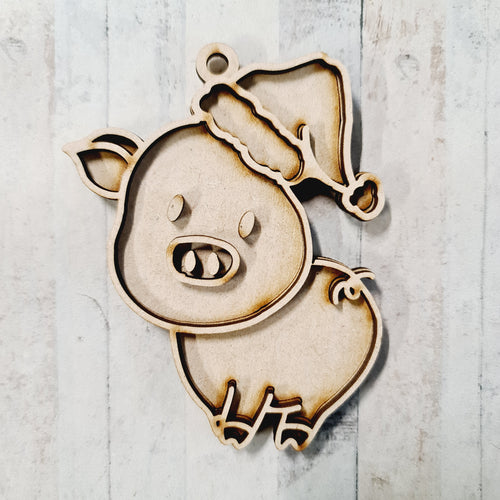 OL3830 - MDF Doodle Animal Hanging - Pig with Santa Hat - With or Without Banner - Olifantjie - Wooden - MDF - Lasercut - Blank - Craft - Kit - Mixed Media - UK