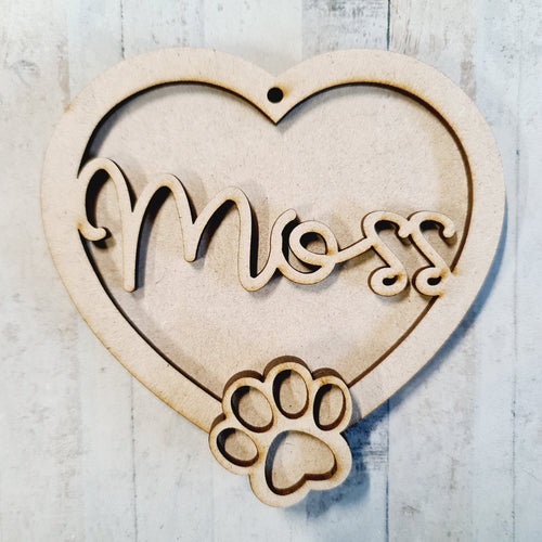 HB039 - MDF Hanging Heart - Pet Paw Print Themed with Choice of Wording - 2 Fonts - Dog Paw - Olifantjie - Wooden - MDF - Lasercut - Blank - Craft - Kit - Mixed Media - UK