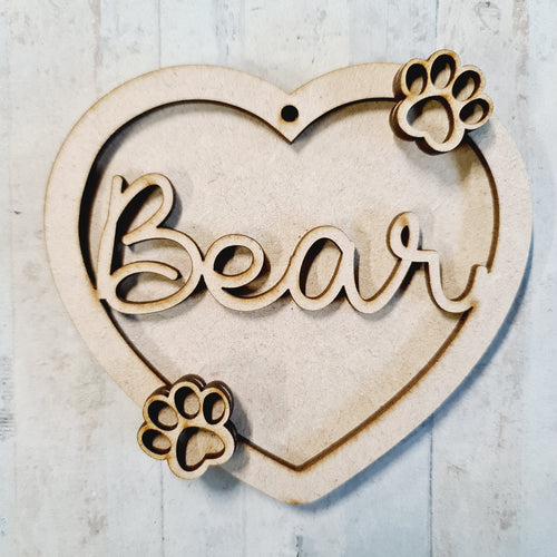 HB040 - MDF Hanging Heart - Pet Paw Print Themed with Choice of Wording - 2 Fonts - 2 Dog Paws - Olifantjie - Wooden - MDF - Lasercut - Blank - Craft - Kit - Mixed Media - UK
