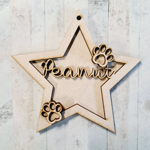 ST014 - MDF Hanging Star - 2 Cat Paw Prints Theme Decoration with Choice of Wording - 2 Fonts - Olifantjie - Wooden - MDF - Lasercut - Blank - Craft - Kit - Mixed Media - UK