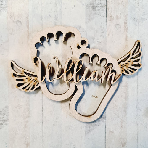 OL4303  - MDF Personalised Baby Feet with Joined Angel wings Bauble/Hanging - Olifantjie - Wooden - MDF - Lasercut - Blank - Craft - Kit - Mixed Media - UK